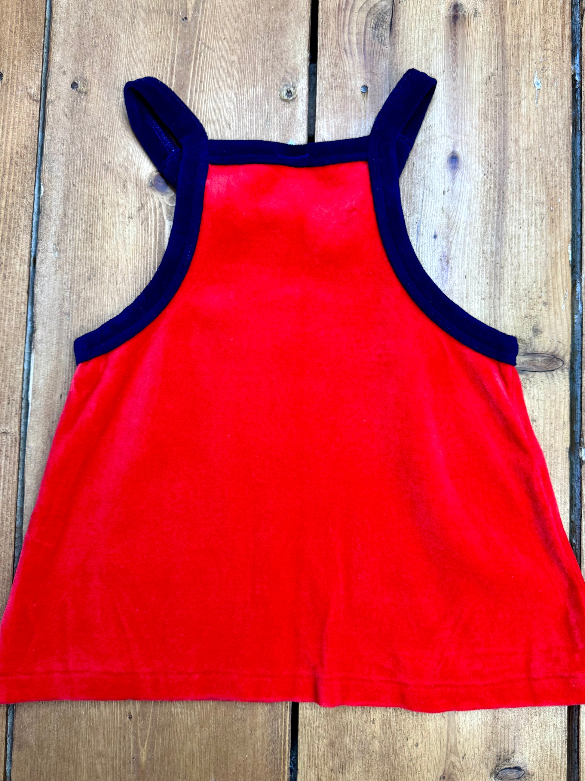 Vintage 90s red velour pinafore dress age 2 years. Handpicked for Bee Tiny kids vintage.